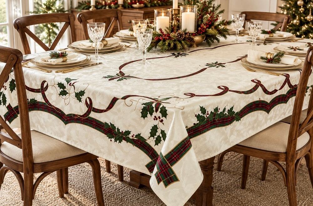 Lenox Holiday Nouveau Tablecloth 60 x 101 Ivory Christmas Holly Plaid